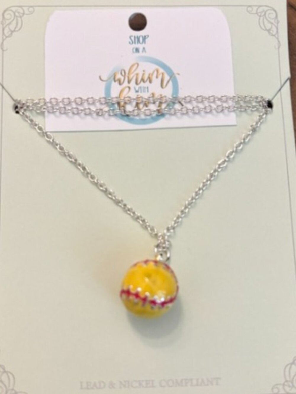 Softball Pendant Necklace Yellow Red Silver Tone Game Day Jewelry